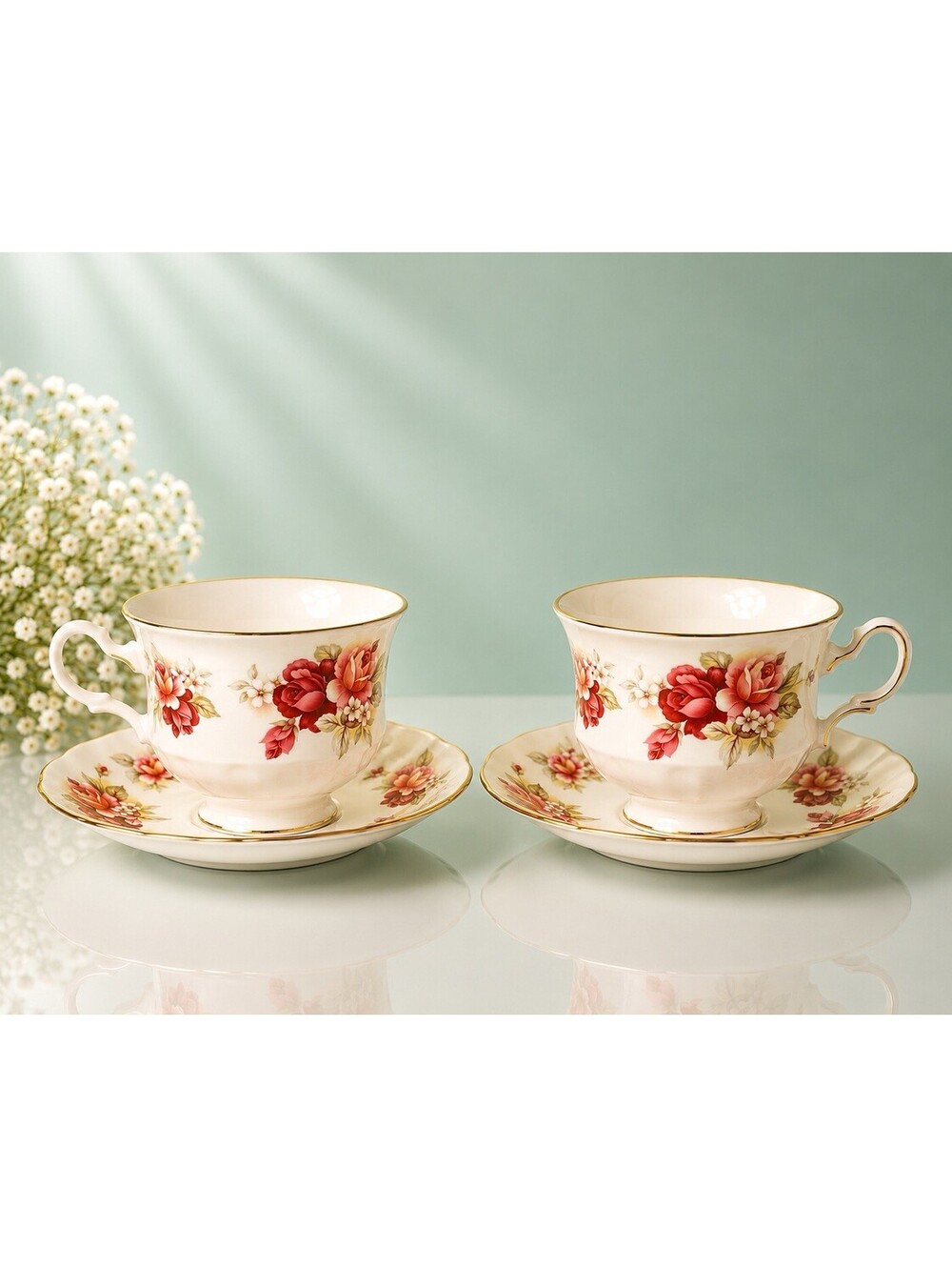 Queen Anne England 1960s Set Of 2 Tea Cups Saucers Pink Red Roses Bone China